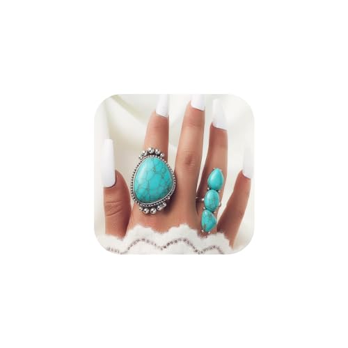 Todenb Bohemian Turquoise Ring for Women Western Rings Jewelry Stackable Knuckle Ring Set Vintage Rose Leaf Ring Set for Girls Gifts (D-2pcs turquoise rings)