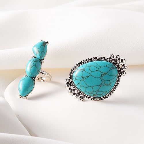 Todenb Bohemian Turquoise Ring for Women Western Rings Jewelry Stackable Knuckle Ring Set Vintage Rose Leaf Ring Set for Girls Gifts (D-2pcs turquoise rings)