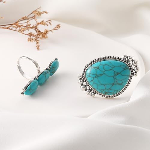 Todenb Bohemian Turquoise Ring for Women Western Rings Jewelry Stackable Knuckle Ring Set Vintage Rose Leaf Ring Set for Girls Gifts (D-2pcs turquoise rings)