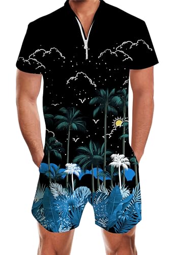 Goodstoworld Mens Romper Adult Male Men Overalls Jumper Man Bro Guys 3D Graphic Hawaiian Tropical Jumpsuit Printed Pant Rave Outfits Shirt Zipper Cargo Slim Fit One Piece with Pocket