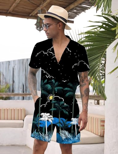 Goodstoworld Mens Romper Adult Male Men Overalls Jumper Man Bro Guys 3D Graphic Hawaiian Tropical Jumpsuit Printed Pant Rave Outfits Shirt Zipper Cargo Slim Fit One Piece with Pocket