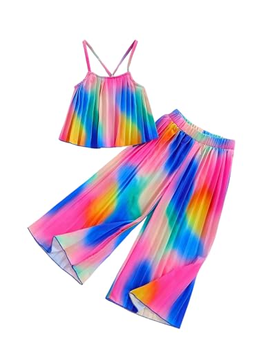 BEAUDRM Girl's 2 Piece Outfits Rainbow Ombre Pleated Spaghetti Strap Crop Top and Wide Leg Pants Sets Multicolor D 5Y