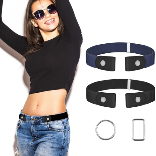 【2 Pcs】No Buckle Stretch Belt for Women and Men Elastic Waist Belt Invisible Belts for Jeans Pants (2Pcs Set D, S-M:Waist Size 20''-35'')