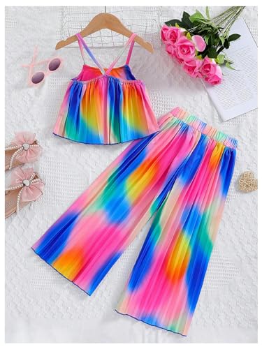 BEAUDRM Girl's 2 Piece Outfits Rainbow Ombre Pleated Spaghetti Strap Crop Top and Wide Leg Pants Sets Multicolor D 5Y