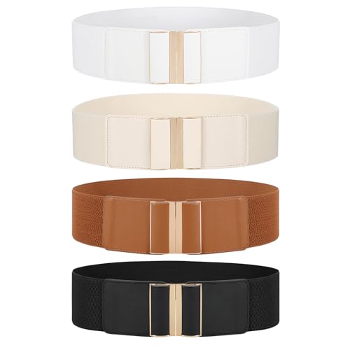 JASGOOD 4 Pack Wide Elastic Stretch Waist Belts for Women Dress Vintage Belt,D-Black+Brown+White+Beige