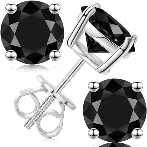 Black Moissanite Earrings Screw Back 2.0CT 6.5MM*2 18K White Gold Plated S925 Sterling Silver Round Cut D Color VVS1 Clarity Lab Created Moissanite Diamond Hypoallergenic Stud for Women Men