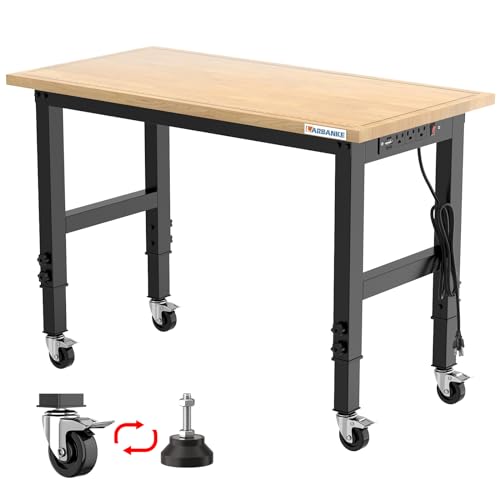 48" Adjustable Workbench with Wheels, Heavy-Duty Rubber Wood