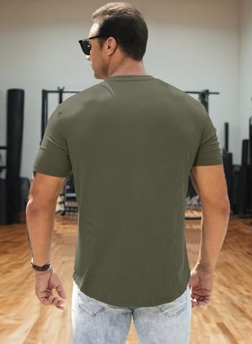 JMIERR Men's Muscle Slim Fit Button Henley Shirts Summer Crewneck Short Sleeve Longline Fitted T-Shirt Gym Workout Athletic Tees Shirt for Men, M, Moss Green