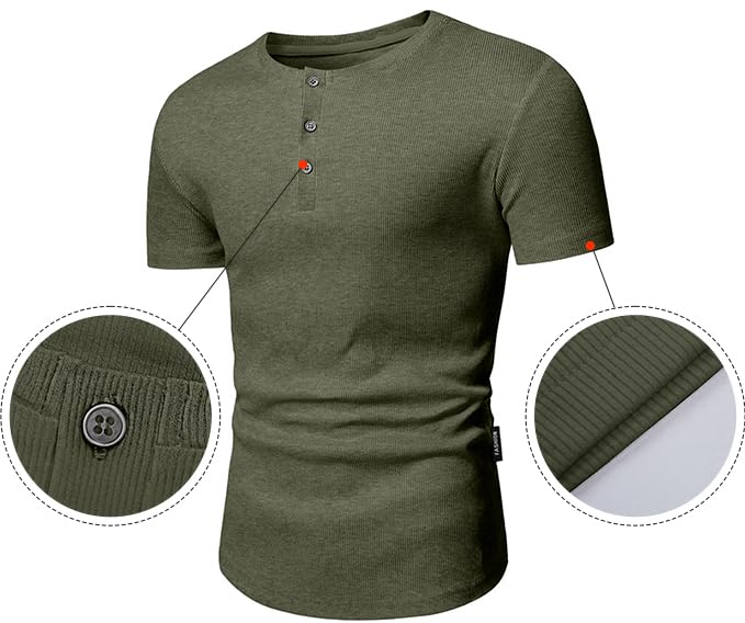 JMIERR Men's Muscle Slim Fit Button Henley Shirts Summer Crewneck Short Sleeve Longline Fitted T-Shirt Gym Workout Athletic Tees Shirt for Men, M, Moss Green