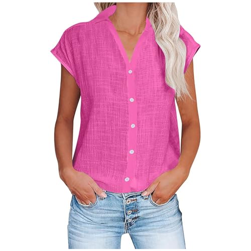 Women's Cotton Linen Cap Sleeve T-Shirt Half Button V Neck Tunic Tops Lounge Baggy Solid Color 2024 Summer Blouse