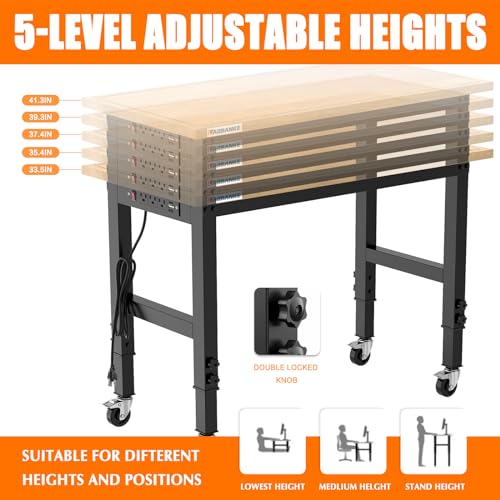 48" Adjustable Workbench with Wheels, Heavy-Duty Rubber Wood