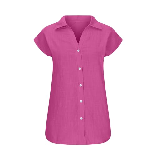 Women's Cotton Linen Cap Sleeve T-Shirt Half Button V Neck Tunic Tops Lounge Baggy Solid Color 2024 Summer Blouse