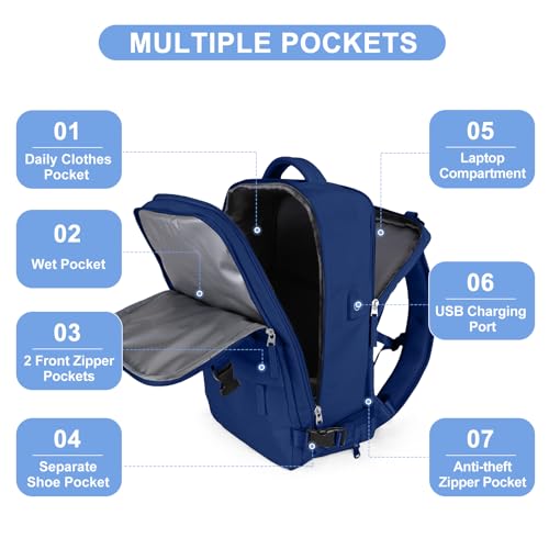 coofay Travel Backpack Carry On Backpack Personal Item Travel Bag Mochila De Viaje Carry On Backpack For Airplanes Traveling Backpack For Women Gym Backpack College Backpack Sapphire Blue