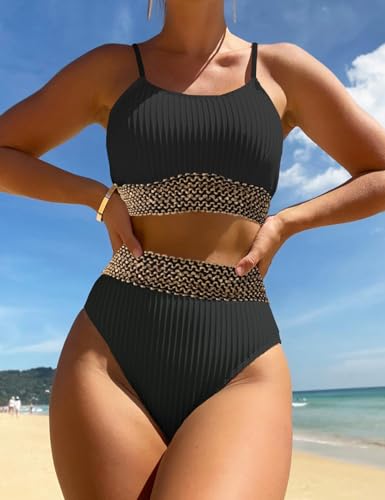 Zuvebamyo Women's High Waisted Swimsuit Two Piece Ribbed Bikini Sets Crop Top High Cut Cheeky Bathing Suits BlackGold L