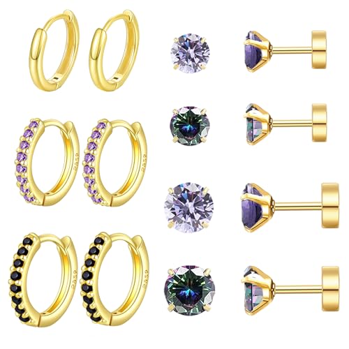 FIRSAUKI Surgical Steel Flat Back Earrings for Women Small Cartilage Huggie Hoop Earring for Sensitive Ears Stainless Steel Earrings Set Hypoallergenic Tiny CZ Nap Studs(3mm+5mm) BG