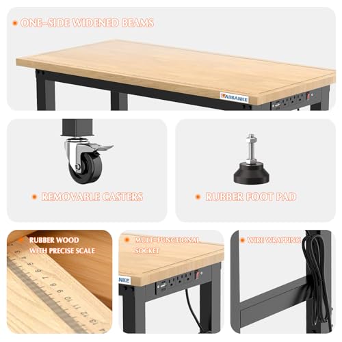 48" Adjustable Workbench with Wheels, Heavy-Duty Rubber Wood