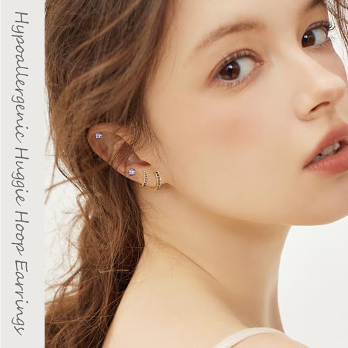 FIRSAUKI Surgical Steel Flat Back Earrings for Women Small Cartilage Huggie Hoop Earring for Sensitive Ears Stainless Steel Earrings Set Hypoallergenic Tiny CZ Nap Studs(3mm+5mm) BG