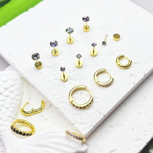 FIRSAUKI Surgical Steel Flat Back Earrings for Women Small Cartilage Huggie Hoop Earring for Sensitive Ears Stainless Steel Earrings Set Hypoallergenic Tiny CZ Nap Studs(3mm+5mm) BG