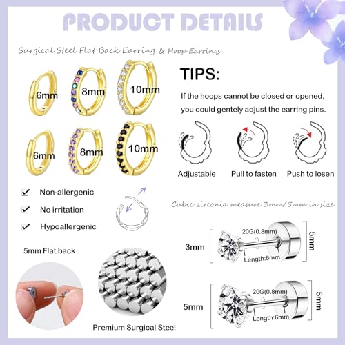 FIRSAUKI Surgical Steel Flat Back Earrings for Women Small Cartilage Huggie Hoop Earring for Sensitive Ears Stainless Steel Earrings Set Hypoallergenic Tiny CZ Nap Studs(3mm+5mm) BG