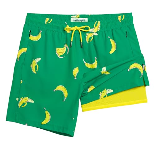 maamgic 2 in 1 Mens Swim Trunks 7 Inch Swim Shorts Swim Suits Board Shorts Falling Banana-Green Small