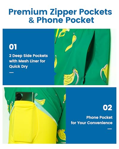 maamgic 2 in 1 Mens Swim Trunks 7 Inch Swim Shorts Swim Suits Board Shorts Falling Banana-Green Small