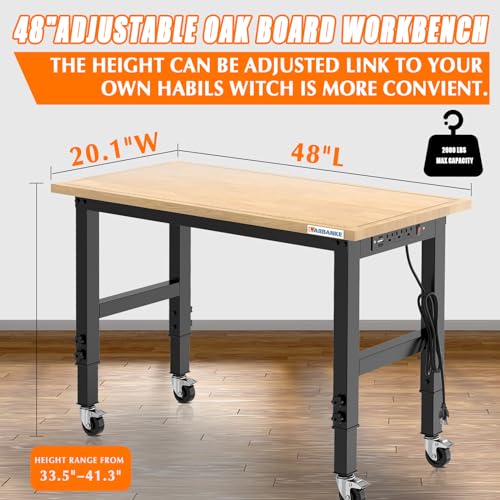 48" Adjustable Workbench with Wheels, Heavy-Duty Rubber Wood