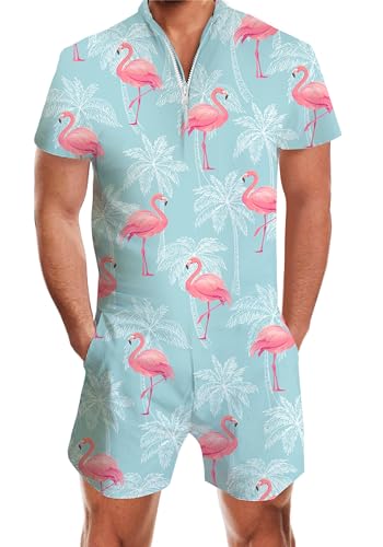 Idgreatim Mens Hawaiian Rompers Pink Flamingo Graphic One Piece Romper Jumpsuit Casual Summer Overalls for Vacation L