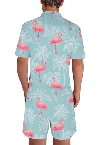 Idgreatim Mens Hawaiian Rompers Pink Flamingo Graphic One Piece Romper Jumpsuit Casual Summer Overalls for Vacation L