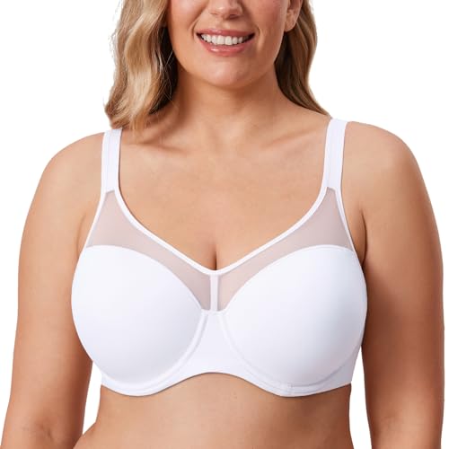 DELIMIRA Women's Plus Size Bra Full Coverage T Shirt Lightly Padded Sheer Underwire Support Bras White 42D