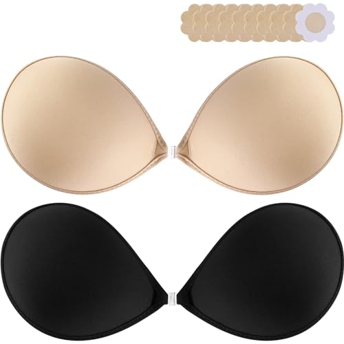 PHODIL Sticky Bra 2 Pairs - Invisible Backless Strapless Bras, Sticky Boobs for Women Push Up, Adhesive Bra with Nipple Covers Cup D