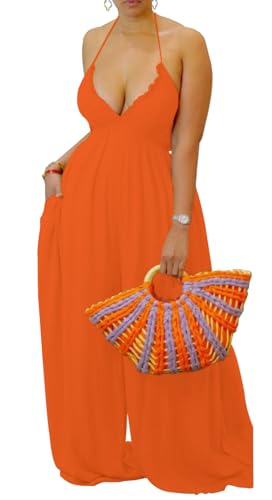 Choichic Women's Summer Deep V Neck Adjustable Halter Neck Backless Tie Back One Piece Wide Leg Jumpsuit Long Pants Orange Medium