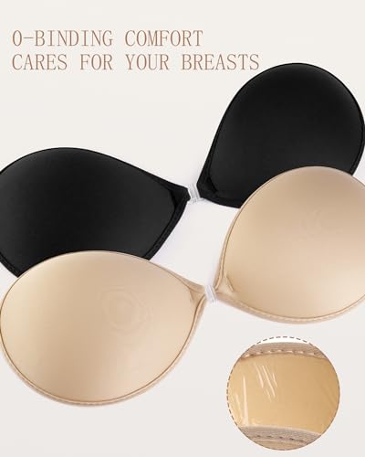 PHODIL Sticky Bra 2 Pairs - Invisible Backless Strapless Bras, Sticky Boobs for Women Push Up, Adhesive Bra with Nipple Covers Cup D
