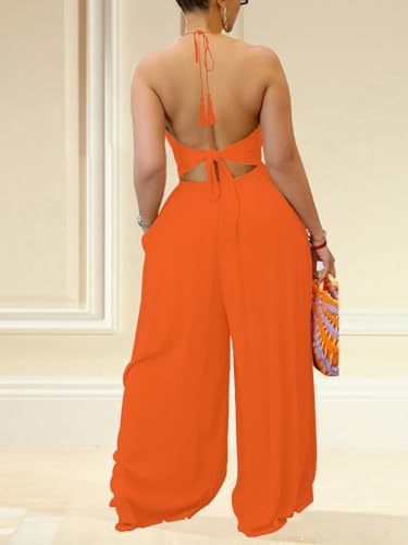 Choichic Women's Summer Deep V Neck Adjustable Halter Neck Backless Tie Back One Piece Wide Leg Jumpsuit Long Pants Orange Medium