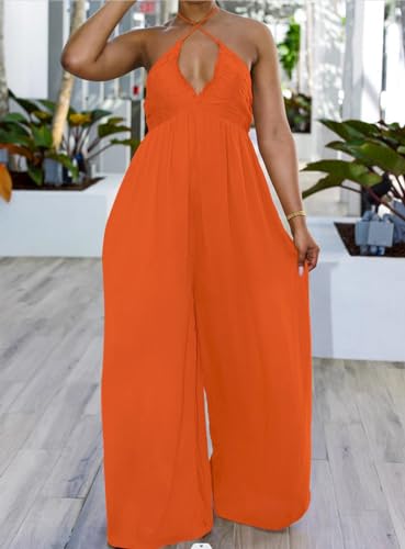 Choichic Women's Summer Deep V Neck Adjustable Halter Neck Backless Tie Back One Piece Wide Leg Jumpsuit Long Pants Orange Medium