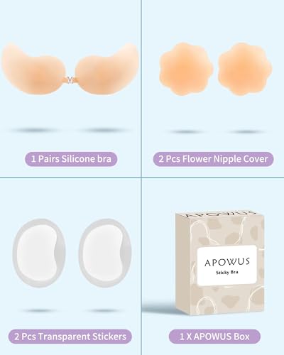 APOWUS Sticky Bra Ultra Thin,Adhesive Invisible Strapless Backless Bras Silicone Bra Reusable for Small Breast Cup D 01 Creme