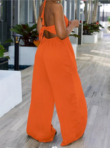 Choichic Women's Summer Deep V Neck Adjustable Halter Neck Backless Tie Back One Piece Wide Leg Jumpsuit Long Pants Orange Medium