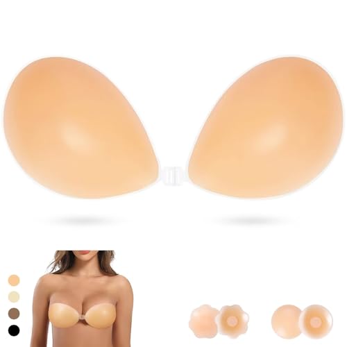 PHODIL Sticky Strapless Bra, Invisible Push Up Adhesive Bra,Backless Silicone Bras Washable for Women with Nipple Covers（Creme/D）
