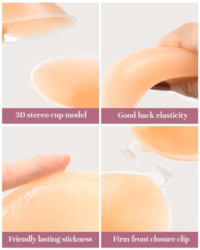 PHODIL Sticky Strapless Bra, Invisible Push Up Adhesive Bra,Backless Silicone Bras Washable for Women with Nipple Covers（Creme/D）