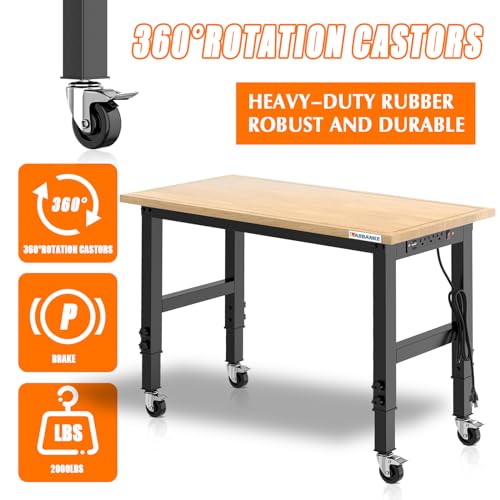 48" Adjustable Workbench with Wheels, Heavy-Duty Rubber Wood