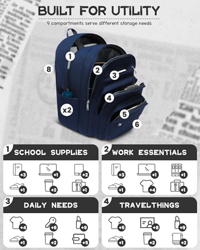 Backpack for Middle High School Navy Blue Backpack for Boys Girls Large College Bookbag Schoolbag for Youth Adults Water Resistant Book Bags Back Pack with Lots of Pockets Morrales Mochilas Escolares
