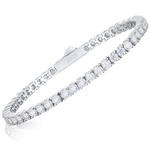 Moissanite Tennis Bracelet 2.19 Carats Moissanite Bracelets for Women Men's Bracelets 18k White Gold Plated 925 Sterling Silver Bracelet, 2mm 8inch D Color VVS1 Round Cut Lab Created Diamond Tennis Bracelet with GRA Certificate