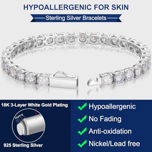 Moissanite Tennis Bracelet 2.19 Carats Moissanite Bracelets for Women Men's Bracelets 18k White Gold Plated 925 Sterling Silver Bracelet, 2mm 8inch D Color VVS1 Round Cut Lab Created Diamond Tennis Bracelet with GRA Certificate