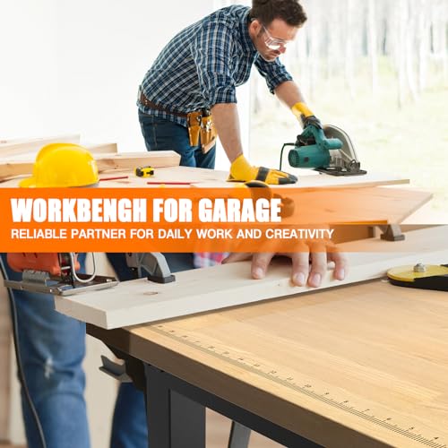 48" Adjustable Workbench with Wheels, Heavy-Duty Rubber Wood
