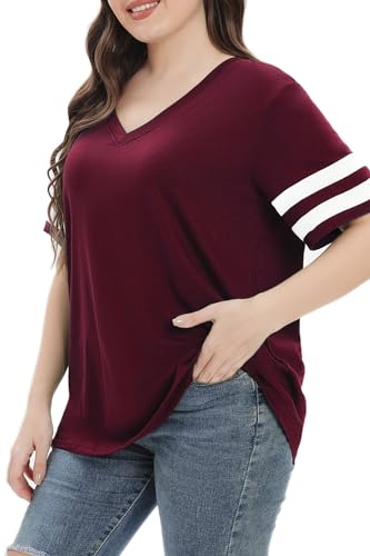 CARROTMOB Womens Plus Size Tops Summer Short Sleeve Casual Loose Tunic V Neck Tee T Shirts Wine red L