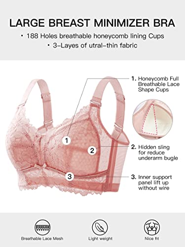 Wireless Bras for women full figure Plus size full coverage wireless No wire minimizer bra for big busted women lightly lined comfortable lifting wirefree bra Rose Pink 38DD 38 DD double D