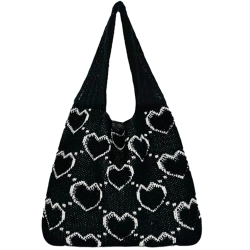 Aroghehiz Beach Bags for Women Crochet Tote Bag Summer Vacation Aesthetic Tote Knit Bag (D-Black Heart)