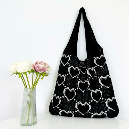 Aroghehiz Beach Bags for Women Crochet Tote Bag Summer Vacation Aesthetic Tote Knit Bag (D-Black Heart)