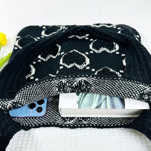 Aroghehiz Beach Bags for Women Crochet Tote Bag Summer Vacation Aesthetic Tote Knit Bag (D-Black Heart)