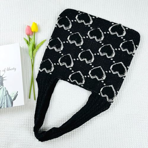 Aroghehiz Beach Bags for Women Crochet Tote Bag Summer Vacation Aesthetic Tote Knit Bag (D-Black Heart)