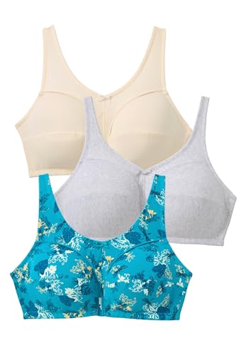 Comfort Choice Women's Plus Size 3-Pack Front-Close Cotton Wireless Bra - 52 D, Dark Turq Assorted